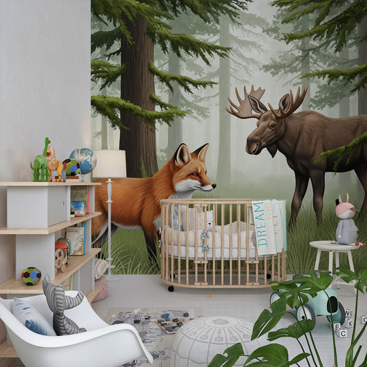 Kids-Mundo forest mural with fox, moose and owl decorating a child's bedroom wall