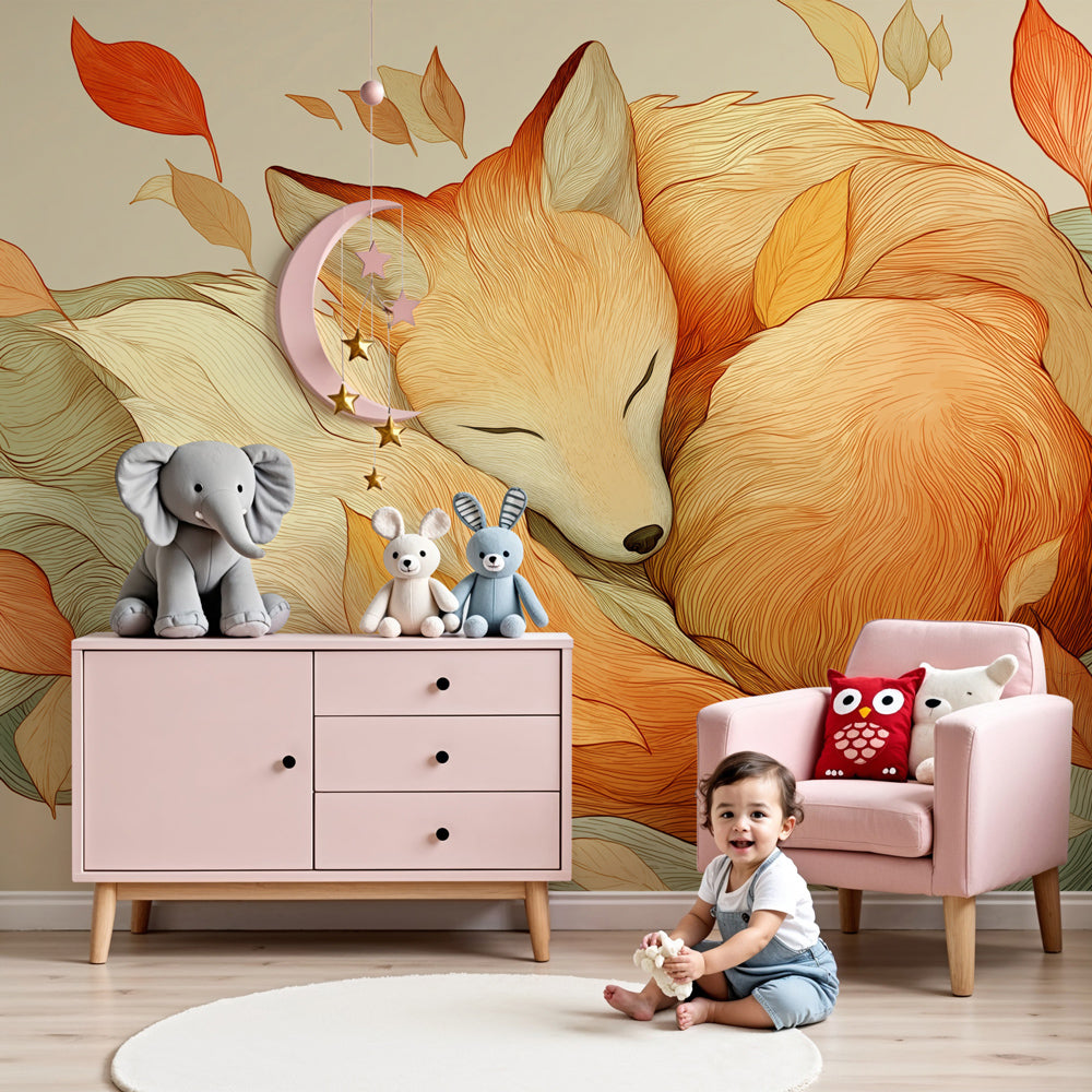 Peaceful fox mural wallpaper with autumn leaves in cozy children's nursery by Kids-Mundo