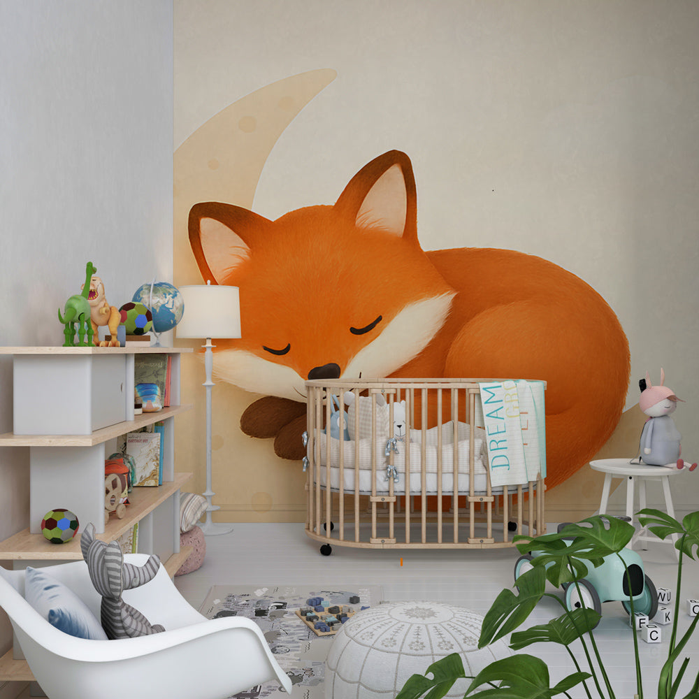 Orange and beige fox wallpaper creating peaceful atmosphere in children's bedroom setting