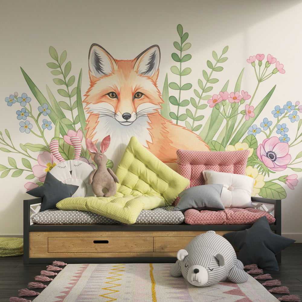 Charming fox and flowers wallpaper decorating modern children's bedroom with nature theme