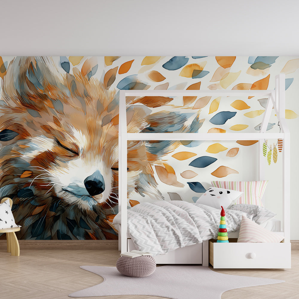 Fox and autumn leaves wallpaper in modern children's bedroom with natural wood furniture
