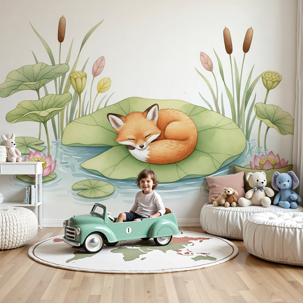 Sleeping fox water lily mural wallpaper in serene nursery setting by Kids-Mundo