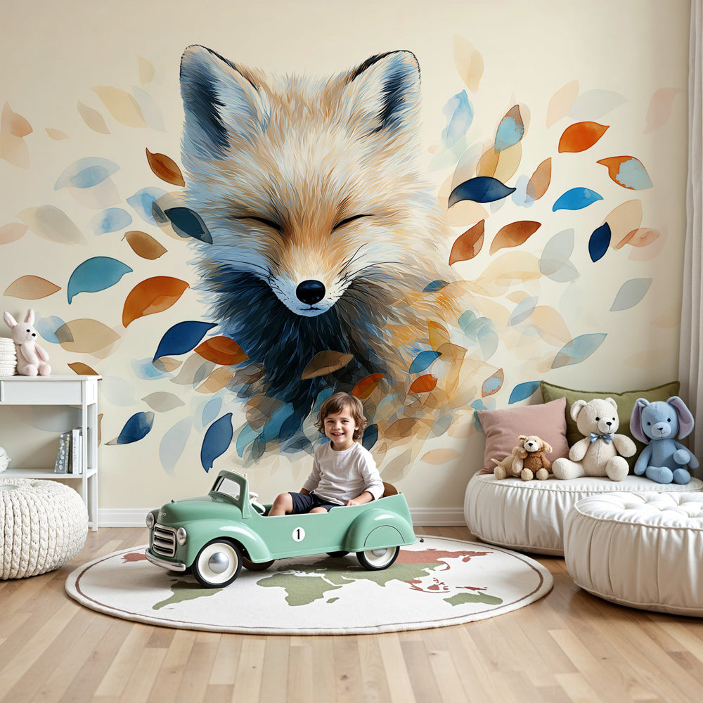 Fox mural wallpaper with dancing leaves in cozy nursery setting by Kids-Mundo
