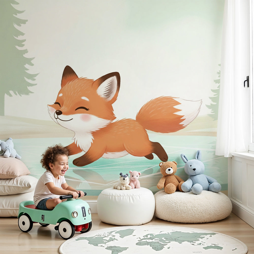 Playful fox mural wallpaper creating magical winter atmosphere in modern kids nursery by Kids-Mundo