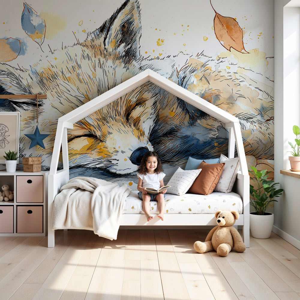 Sleeping fox mural wallpaper creating magical woodland nursery decor by Kids-Mundo