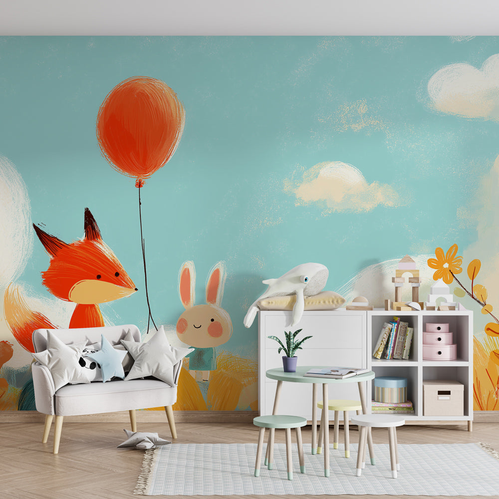 Colorful animal friendship wallpaper creating magical kids bedroom decor with floral elements