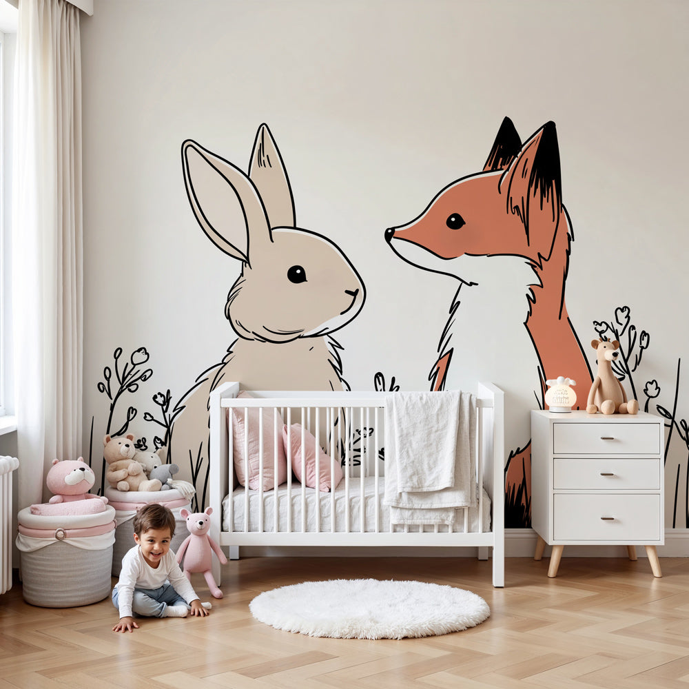 Fox and rabbit mural wallpaper creating peaceful woodland nursery decor by Kids-Mundo