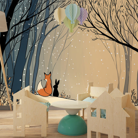 Kids-Mundo winter fox and rabbit wall mural covering a feature wall in a child's bedroom