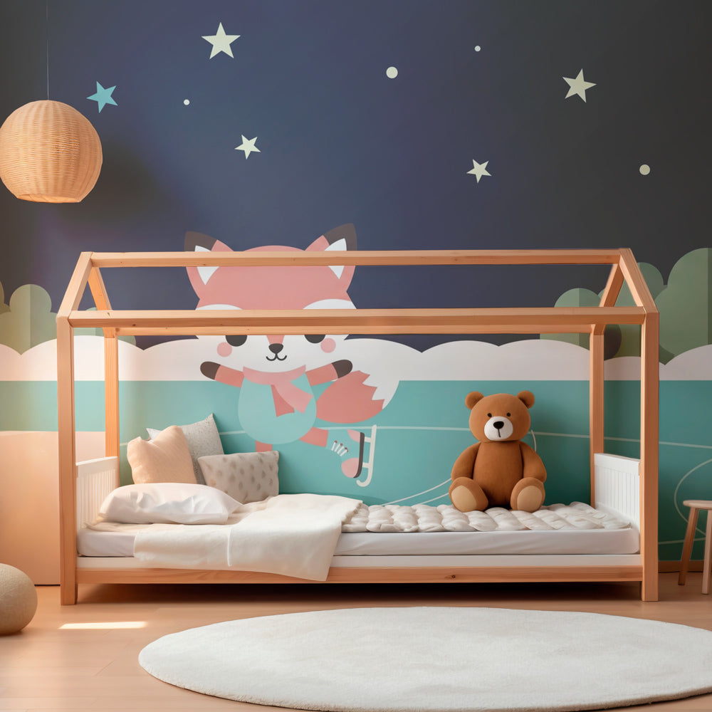 Winter fox skating wallpaper creating magical atmosphere in children's bedroom