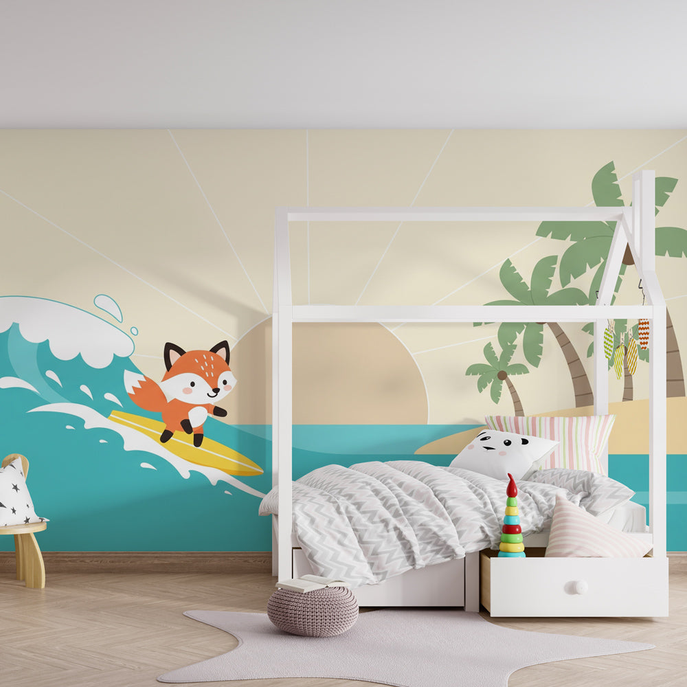 Tropical fox surfing wallpaper creating peaceful beach atmosphere in children's bedroom