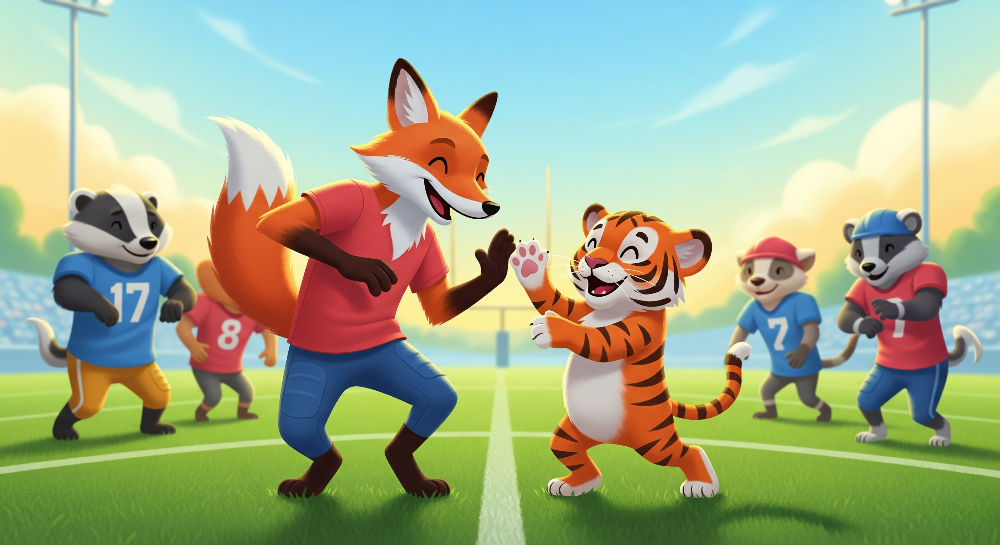 Flat artwork preview of the Kids-Mundo fox and tiger high-five wall mural on a floodlit sports field.