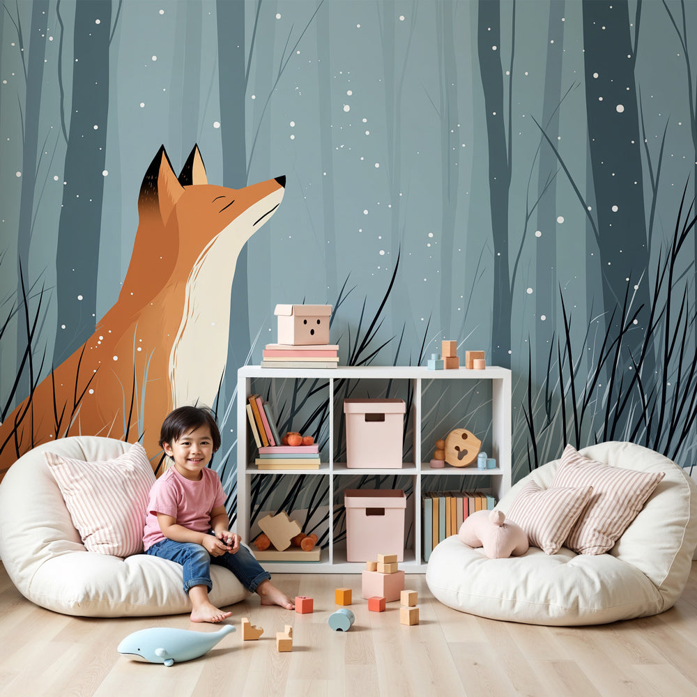 Fox winter mural wallpaper creating magical snowy forest atmosphere in kids nursery by Kids-Mundo