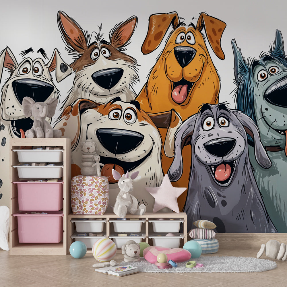Cheerful dogs wallpaper creating joyful atmosphere in kids bedroom with vibrant animal illustration