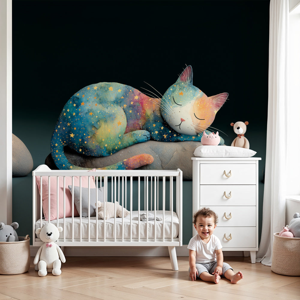 Galaxy cat mural wallpaper in modern nursery with cosmic blue and purple design by Kids-Mundo