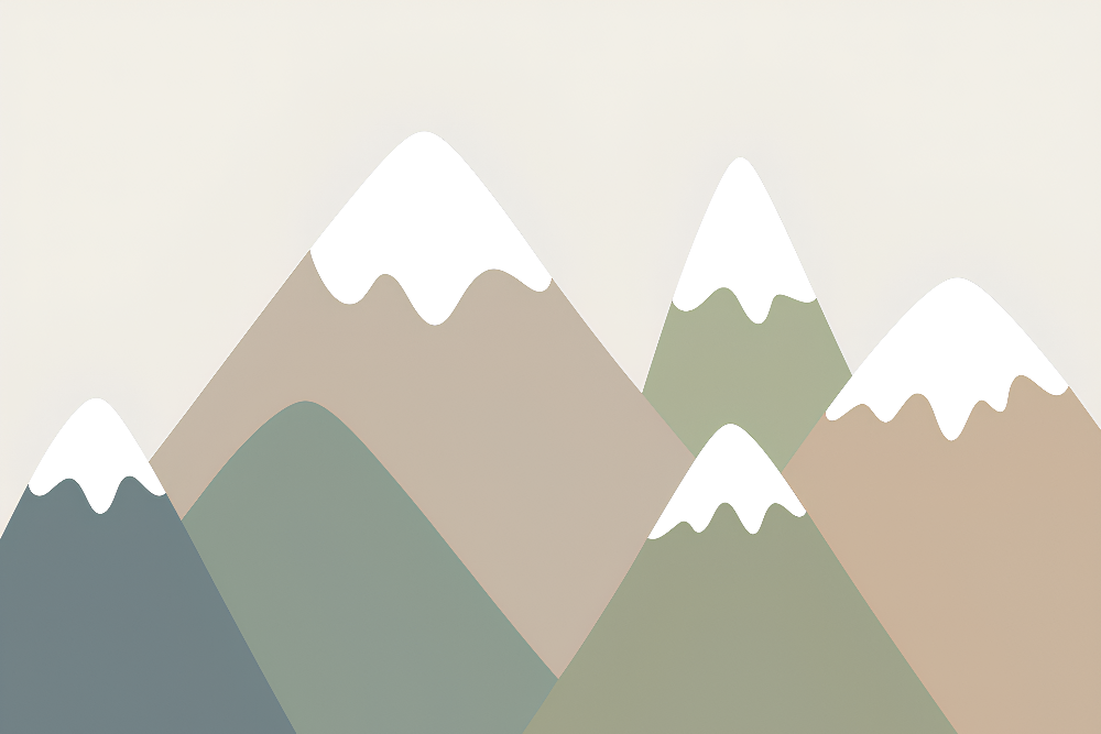 Kids-Mundo flat artwork of layered geometric mountains in muted blue and green tones