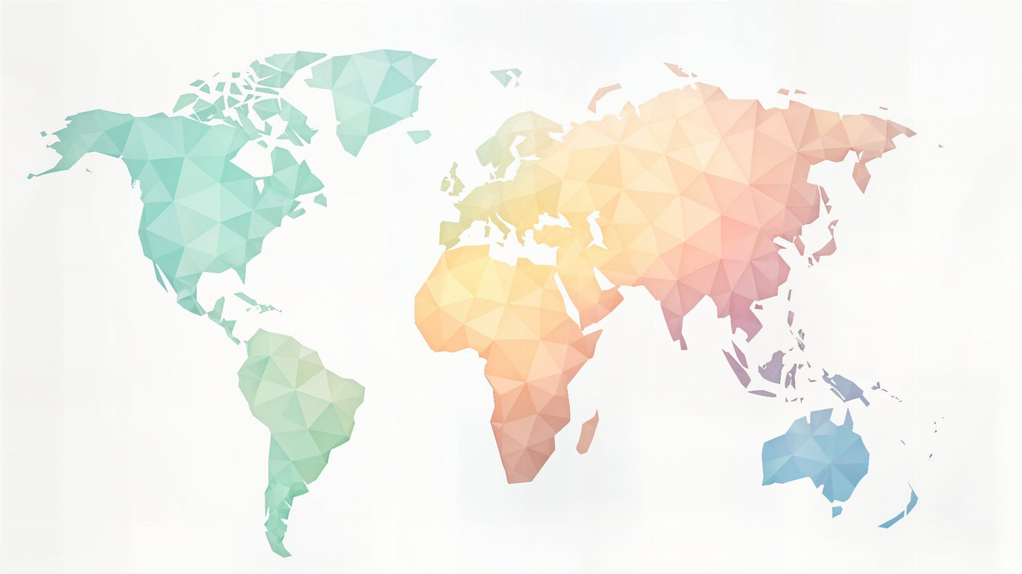 Detailed geometric world map wallpaper design pattern with polygonal shapes in pastel gradients by Kids-Mundo
