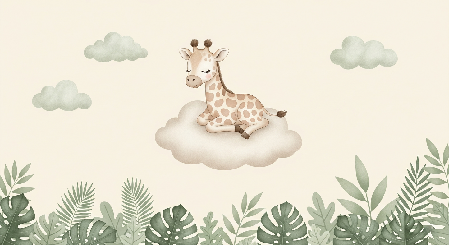 Kids-Mundo flat artwork of a baby giraffe resting on a cloud framed by monstera leaves