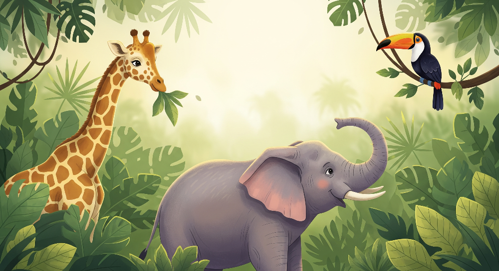 Flat artwork of the Kids-Mundo giraffe, elephant and toucan jungle wall mural design.