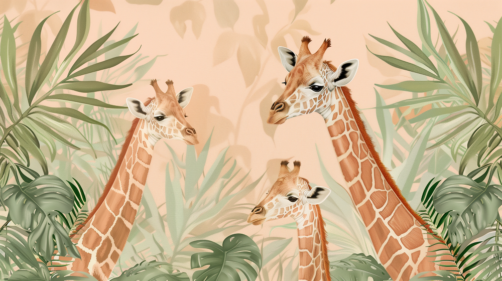 Kids-Mundo illustrated artwork of three giraffes and tropical leaves on a peach background
