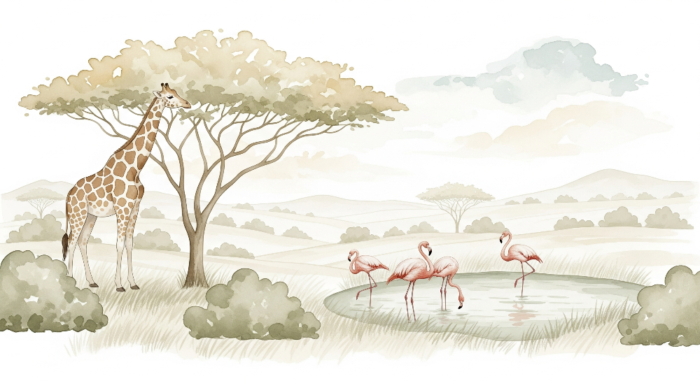 Kids-Mundo flat artwork preview of the watercolour giraffe and flamingo savanna mural