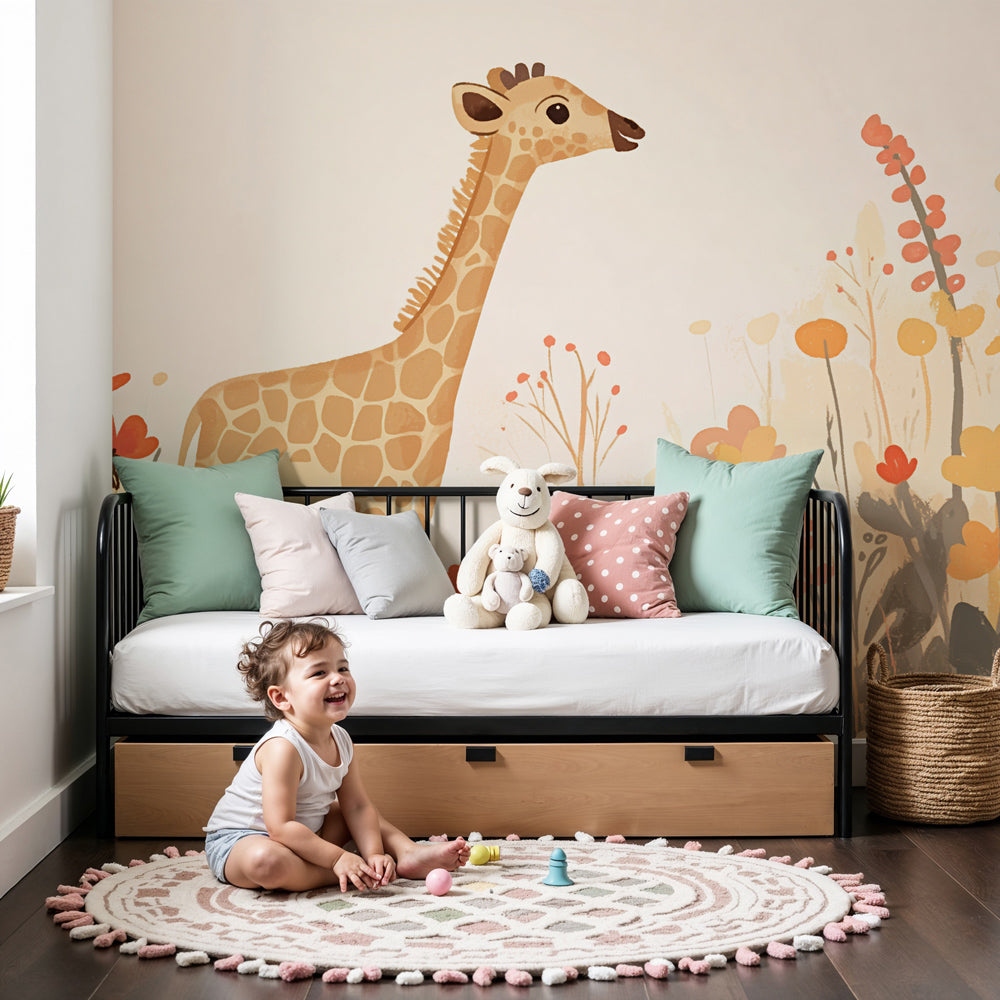 Giraffe floral mural wallpaper in soft pink nursery with white crib by Kids-Mundo