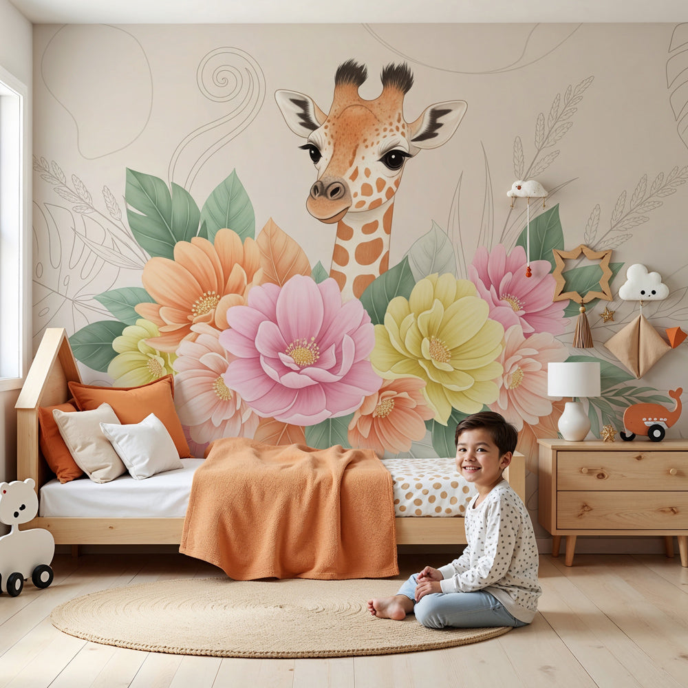 Giraffe floral mural wallpaper in bright nursery with natural wood furniture by Kids-Mundo