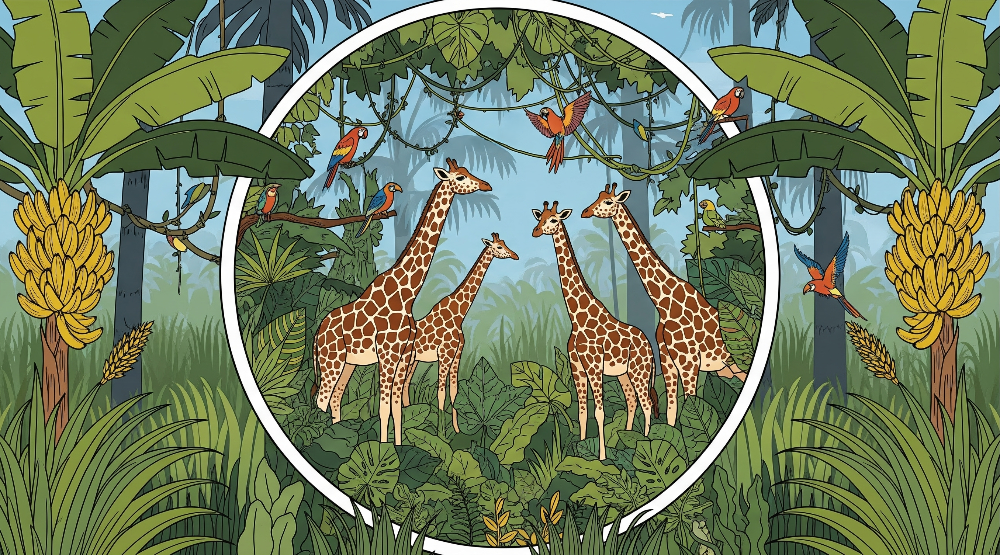 Kids-Mundo flat artwork of a giraffe family inside a circular jungle frame with banana trees and parrots.