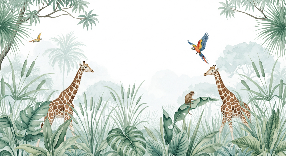 Giraffes in Misty Green Jungle Wall Mural