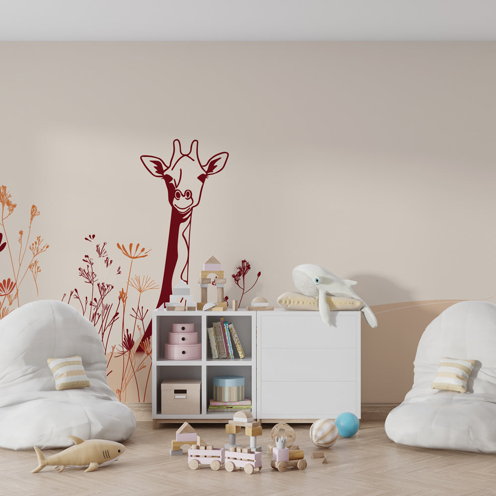 Safari giraffe wallpaper creating peaceful baby room decor with soft pastel colors