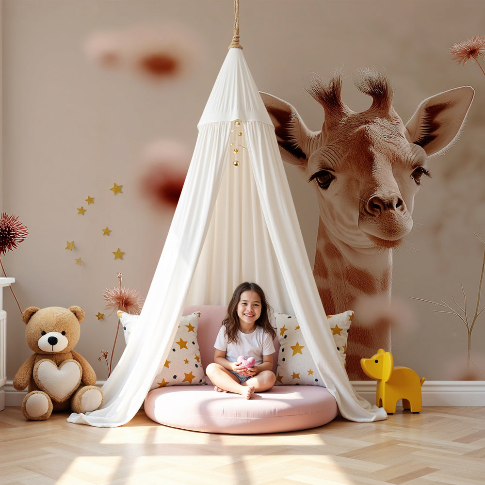 Giraffe mural wallpaper creating serene baby nursery with soft pink and beige floral design by Kids-Mundo