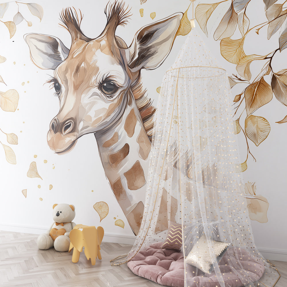 Safari giraffe wallpaper creating peaceful atmosphere in children's bedroom with natural decor