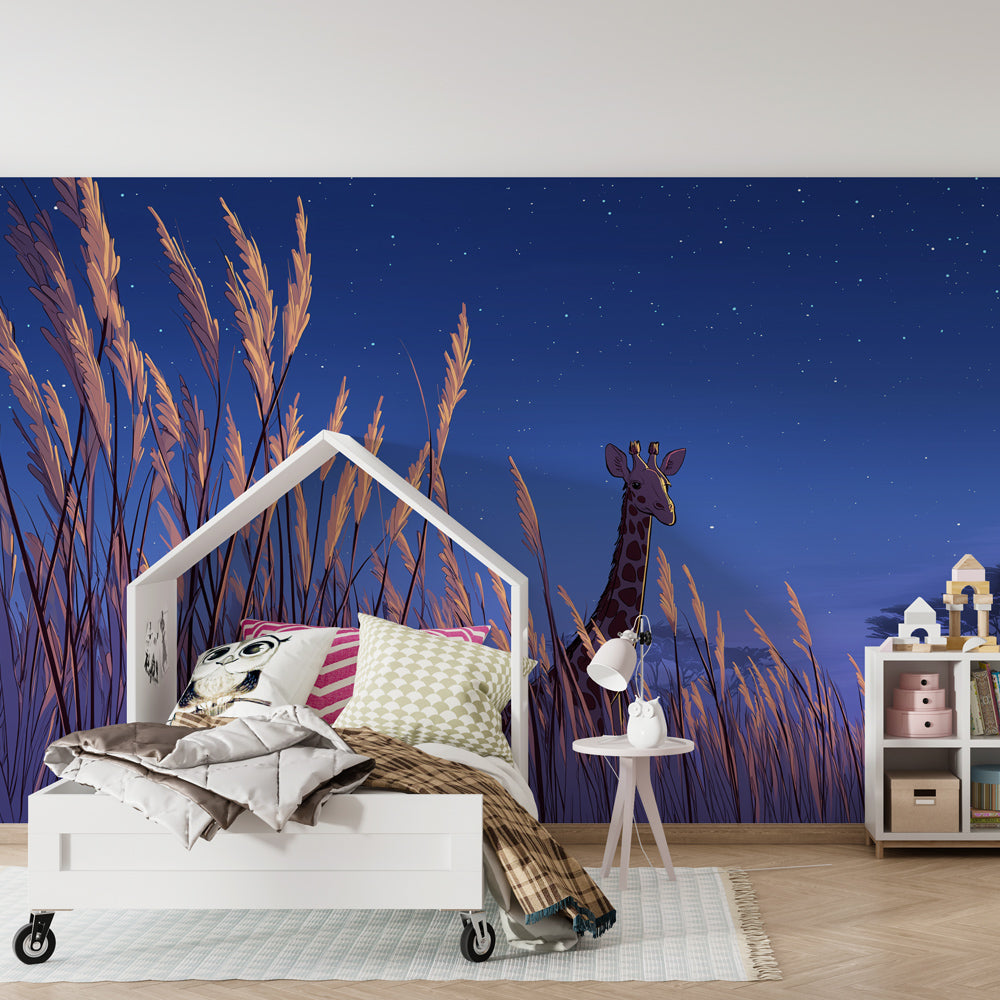 Starry safari giraffe wallpaper transforming children's bedroom into dreamy wildlife sanctuary