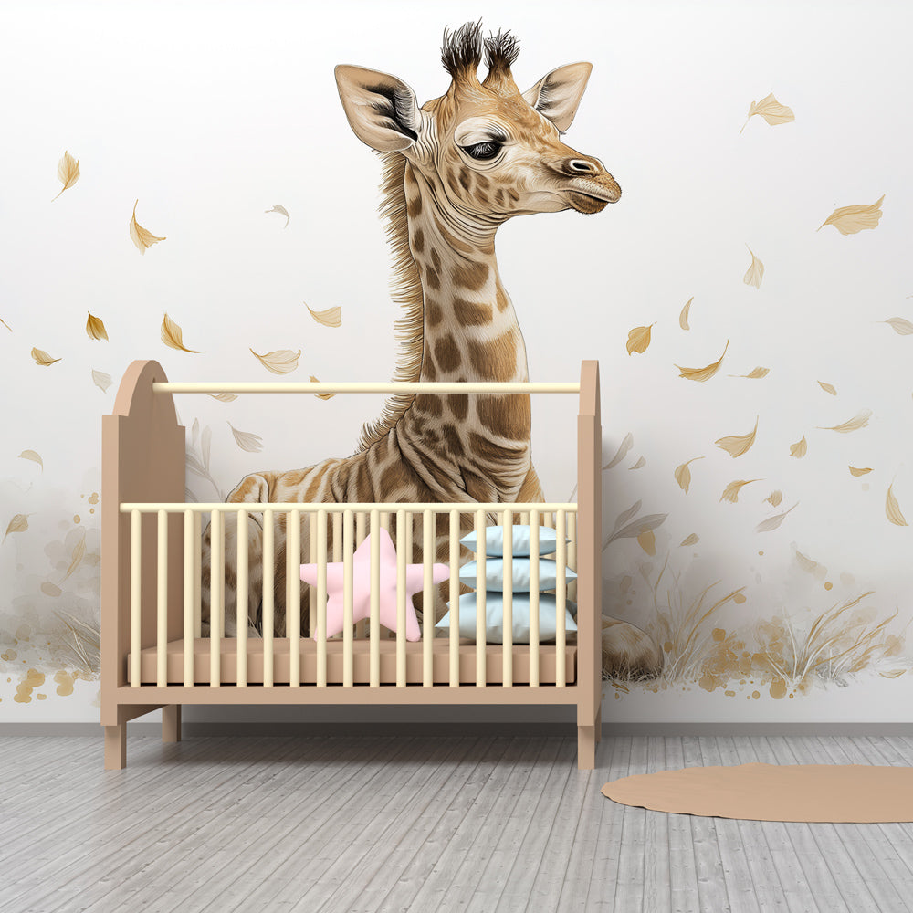 Safari themed giraffe wallpaper creating serene atmosphere in children's bedroom