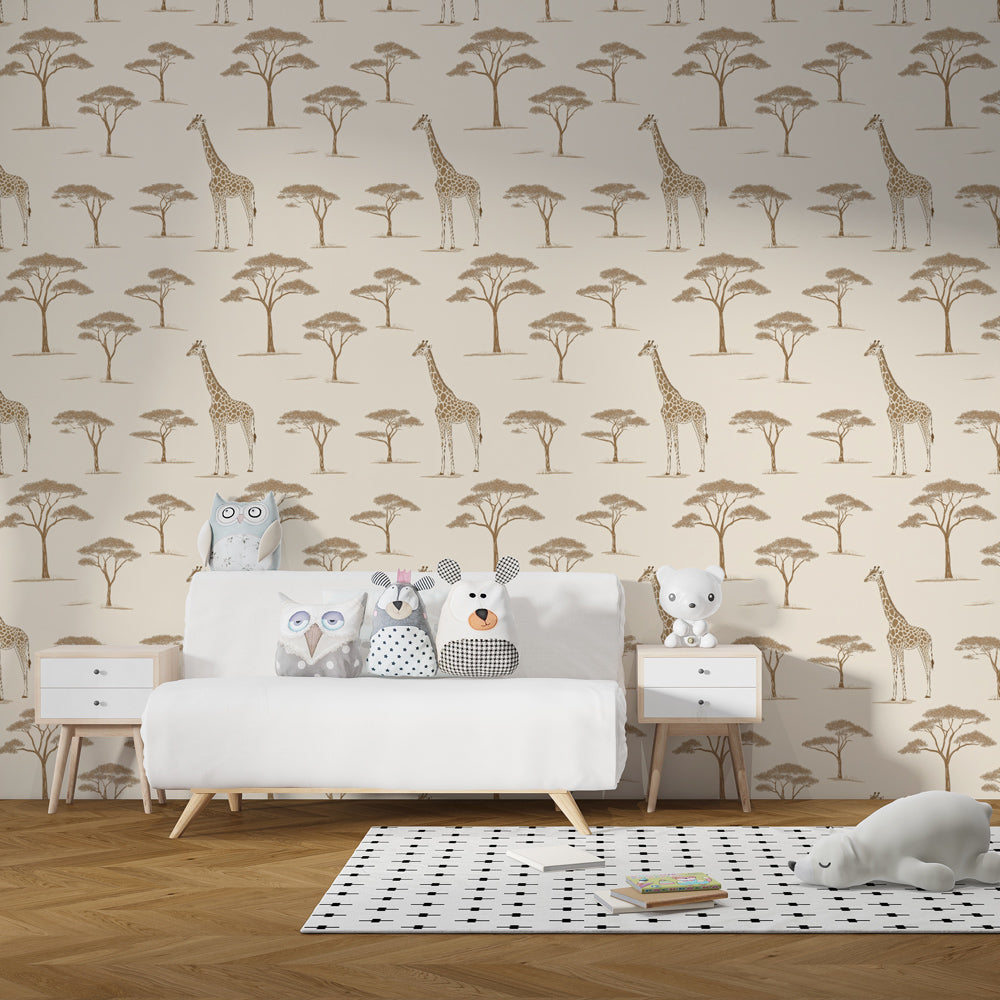 Elegant giraffe wallpaper creating peaceful African safari atmosphere in children's bedroom