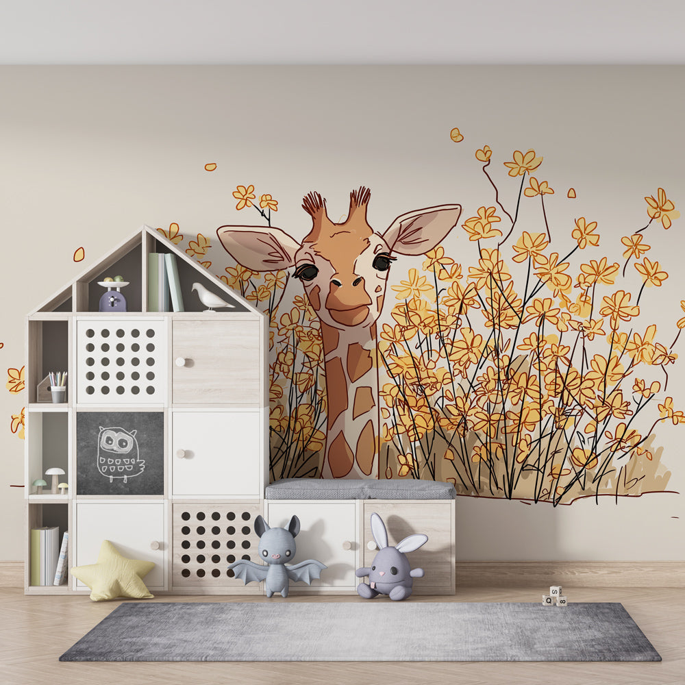 Floral giraffe wallpaper creating cheerful children's bedroom atmosphere with beige tones