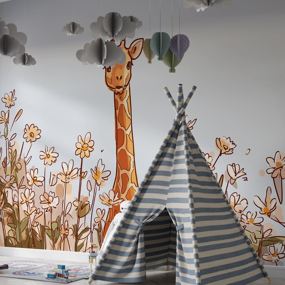 Safari giraffe wallpaper transforming children's bedroom with floral garden theme