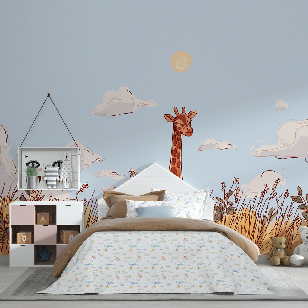 Safari giraffe wallpaper creating peaceful atmosphere in children's bedroom decor