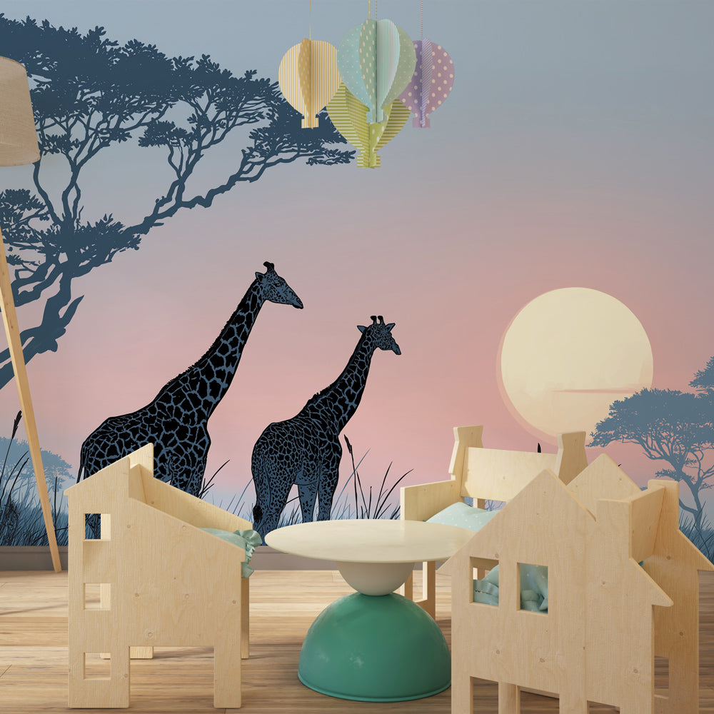 Moonlit giraffe wallpaper transforming children's bedroom into peaceful savanna by Kids-Mundo