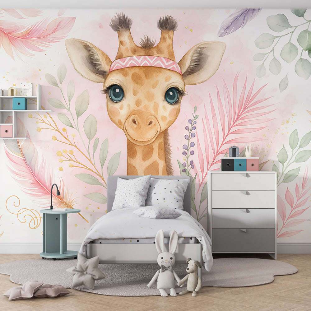 Safari giraffe wallpaper with tropical foliage decorating modern children's bedroom