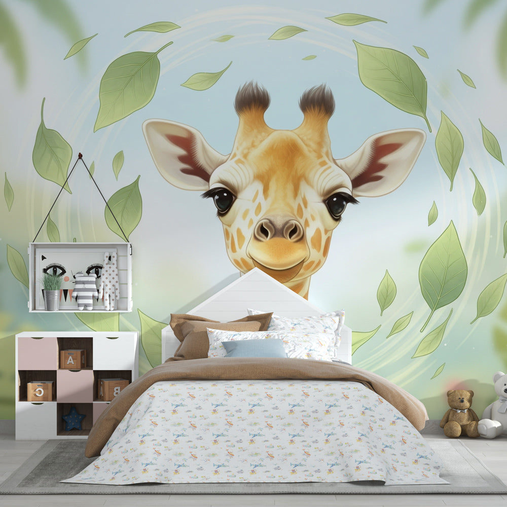 Giraffe safari wallpaper with tropical leaves decorating modern children's bedroom