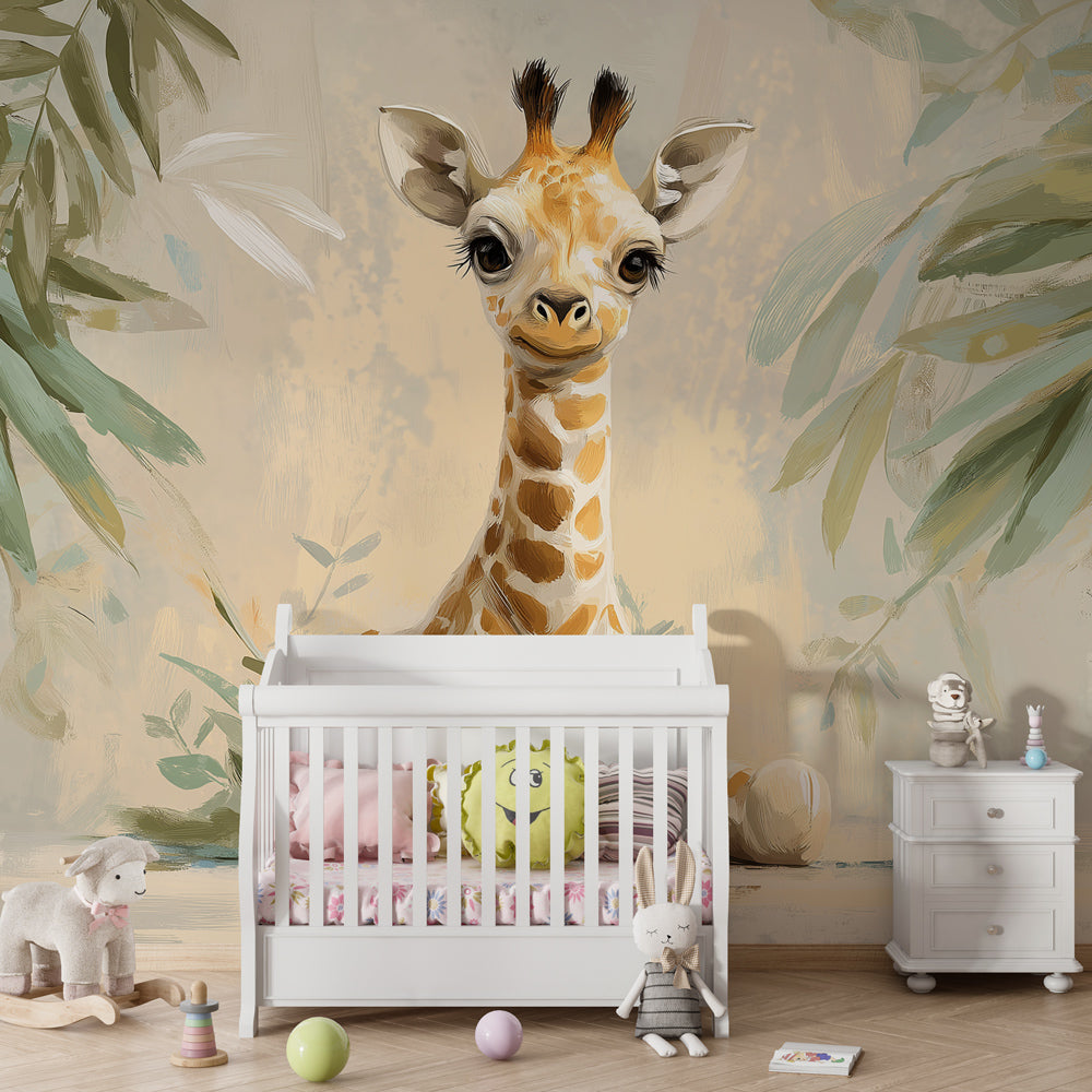 Nature-themed giraffe wallpaper creating peaceful atmosphere in children's bedroom decor