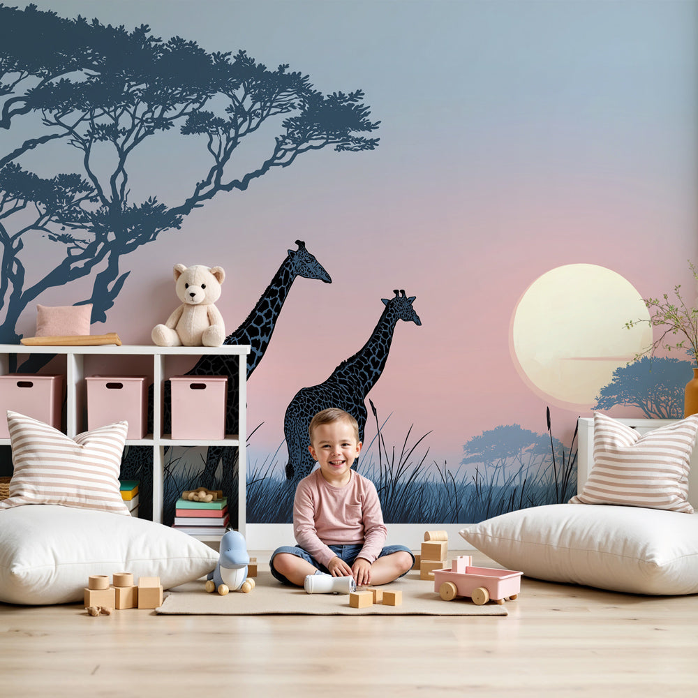 Giraffe mural wallpaper creating serene African safari nursery decor by Kids-Mundo