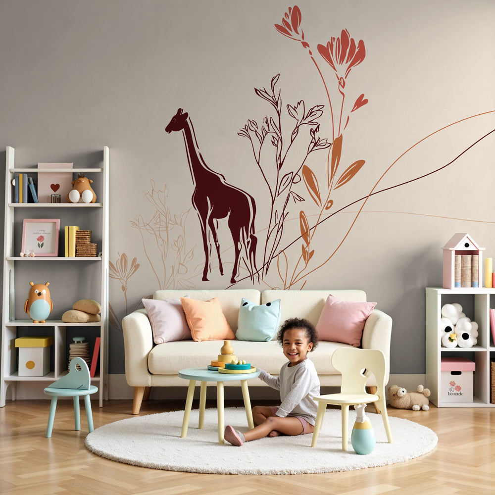 Giraffe mural wallpaper with delicate flowers creating serene baby nursery by Kids-Mundo