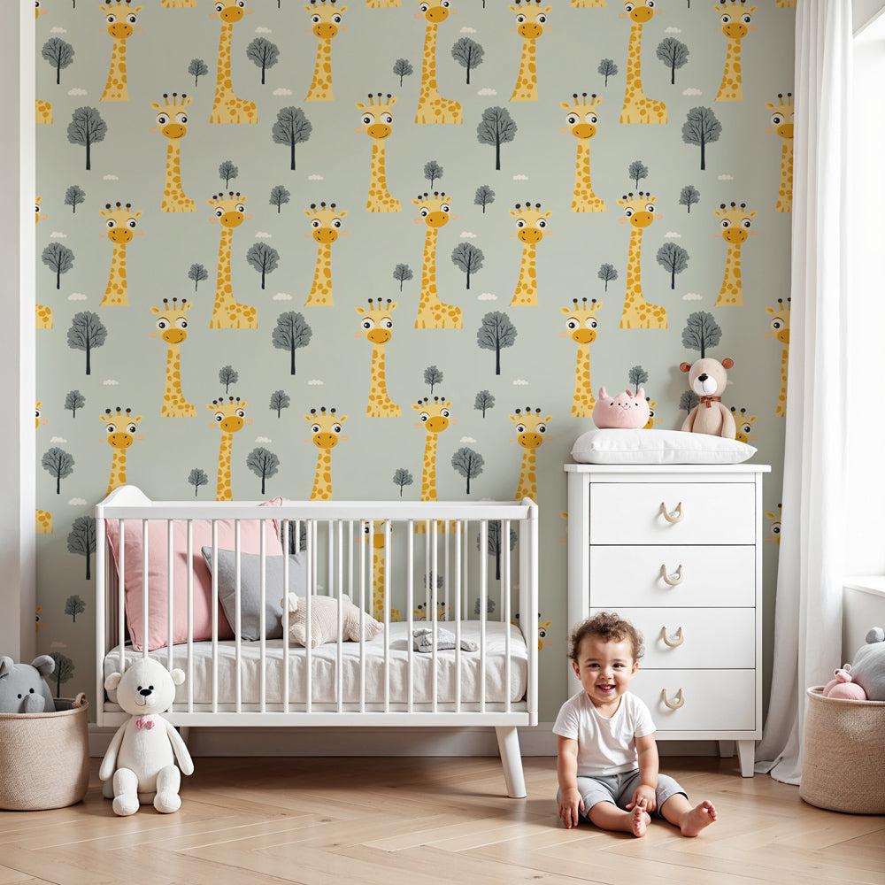 Giraffe mural wallpaper creating magical safari nursery decor with cheerful animals by Kids-Mundo