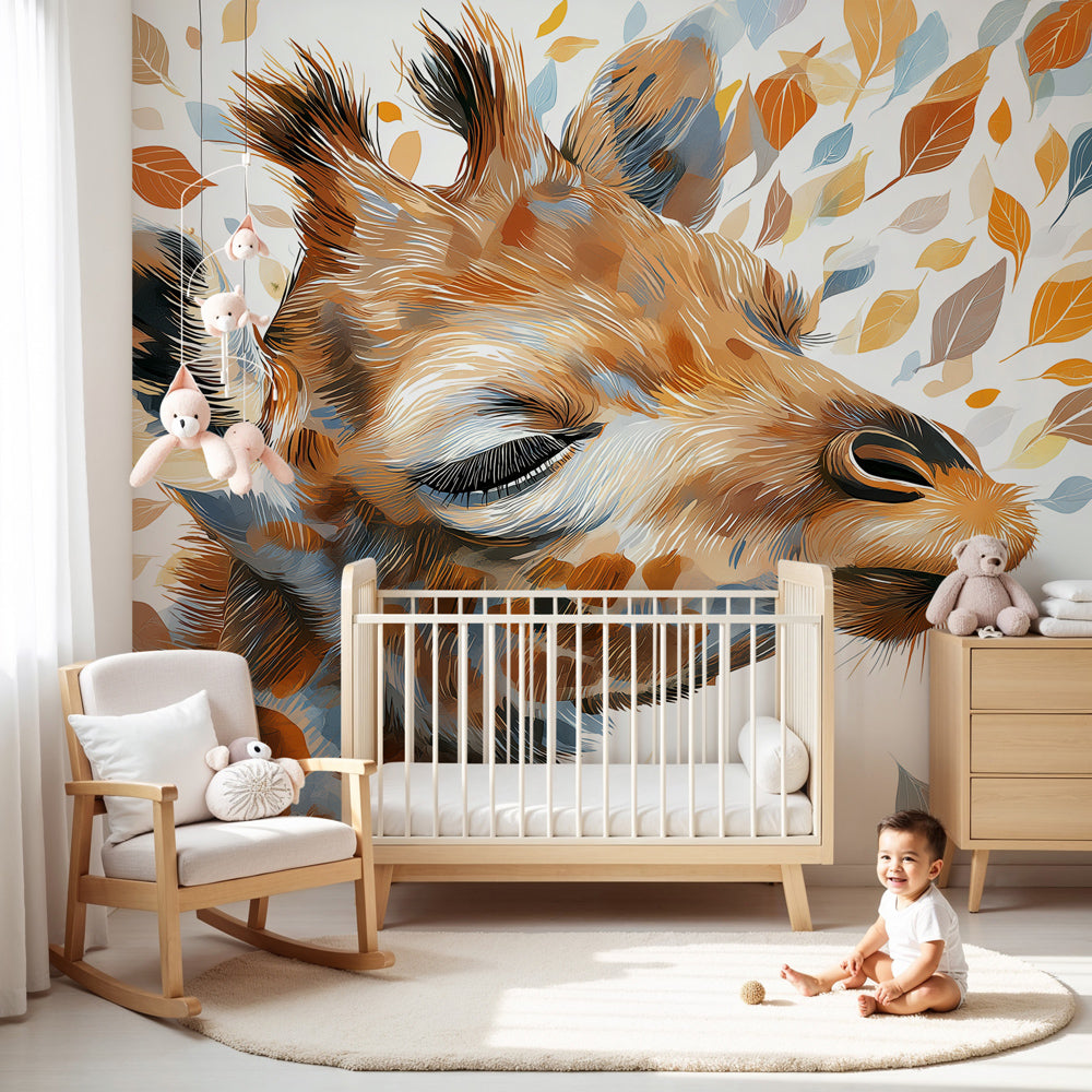 Giraffe mural wallpaper with colorful leaves decorating modern nursery by Kids-Mundo