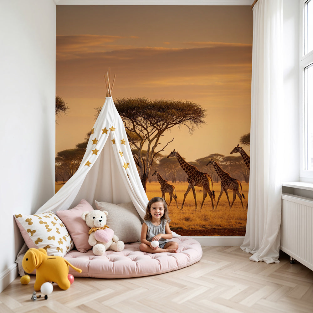 Giraffe safari mural wallpaper in modern nursery room setting by Kids-Mundo