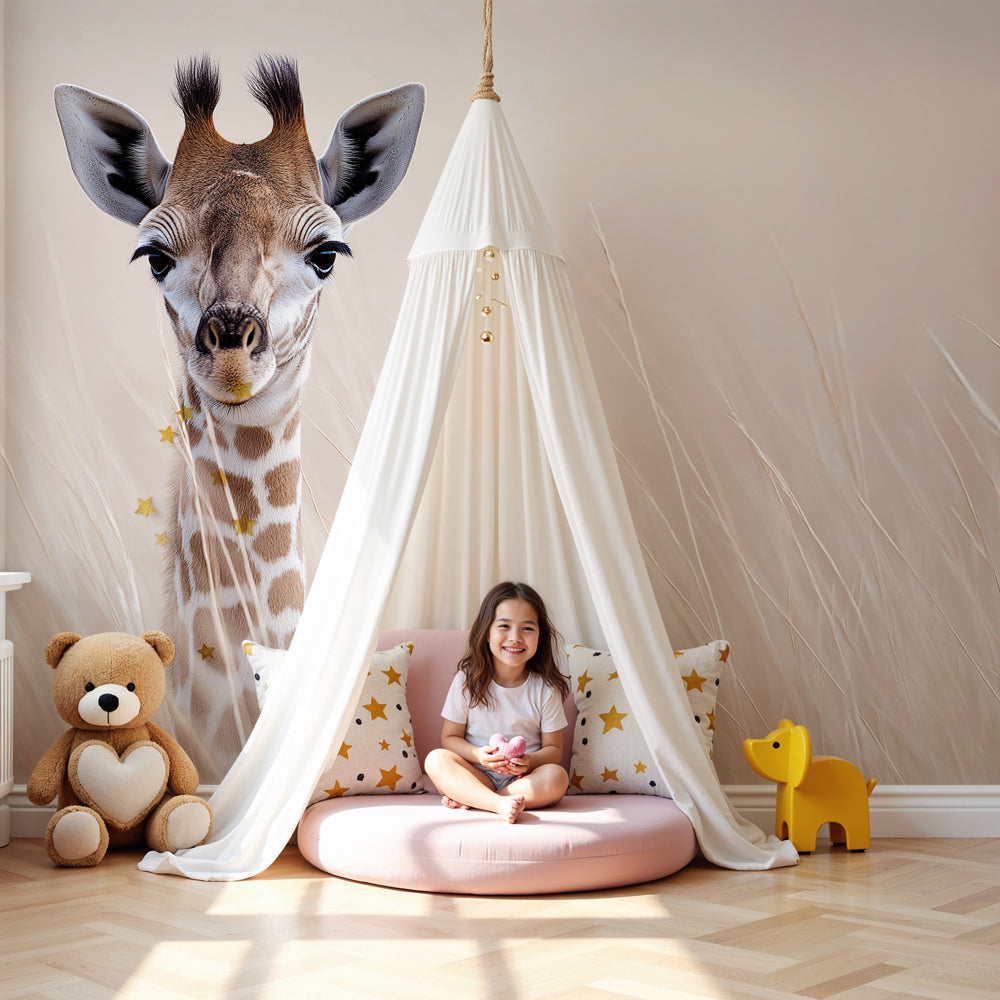 Majestic giraffe mural wallpaper in modern nursery room setting by Kids-Mundo