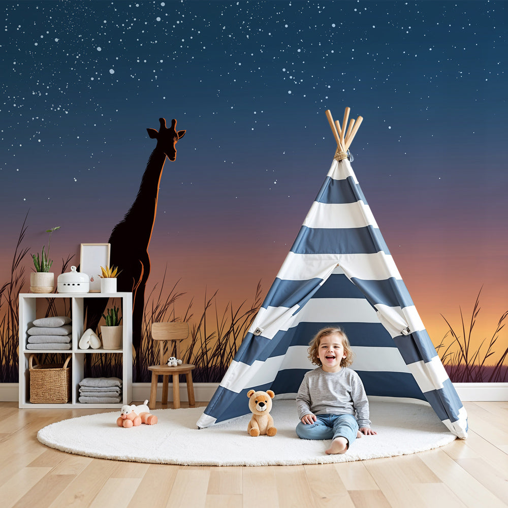 Giraffe starry night mural wallpaper decorating modern nursery room by Kids-Mundo