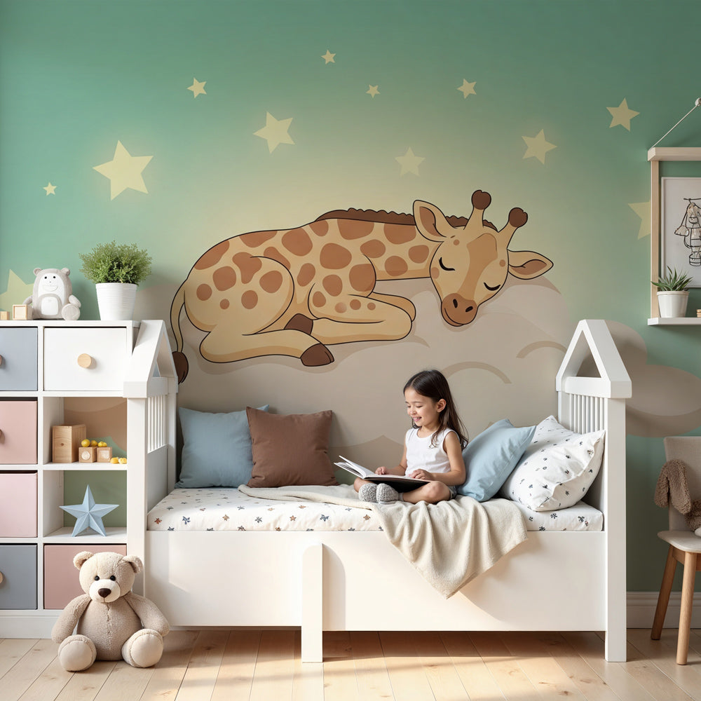 Sleeping giraffe mural wallpaper creating peaceful nursery atmosphere with cloud and stars by Kids-Mundo