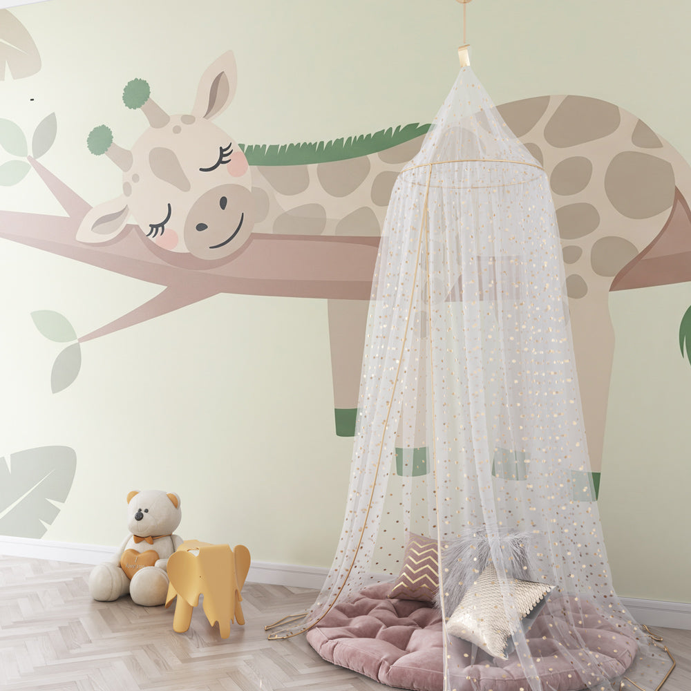 Gentle giraffe wallpaper creating calming atmosphere in children's bedroom with soft beige tones